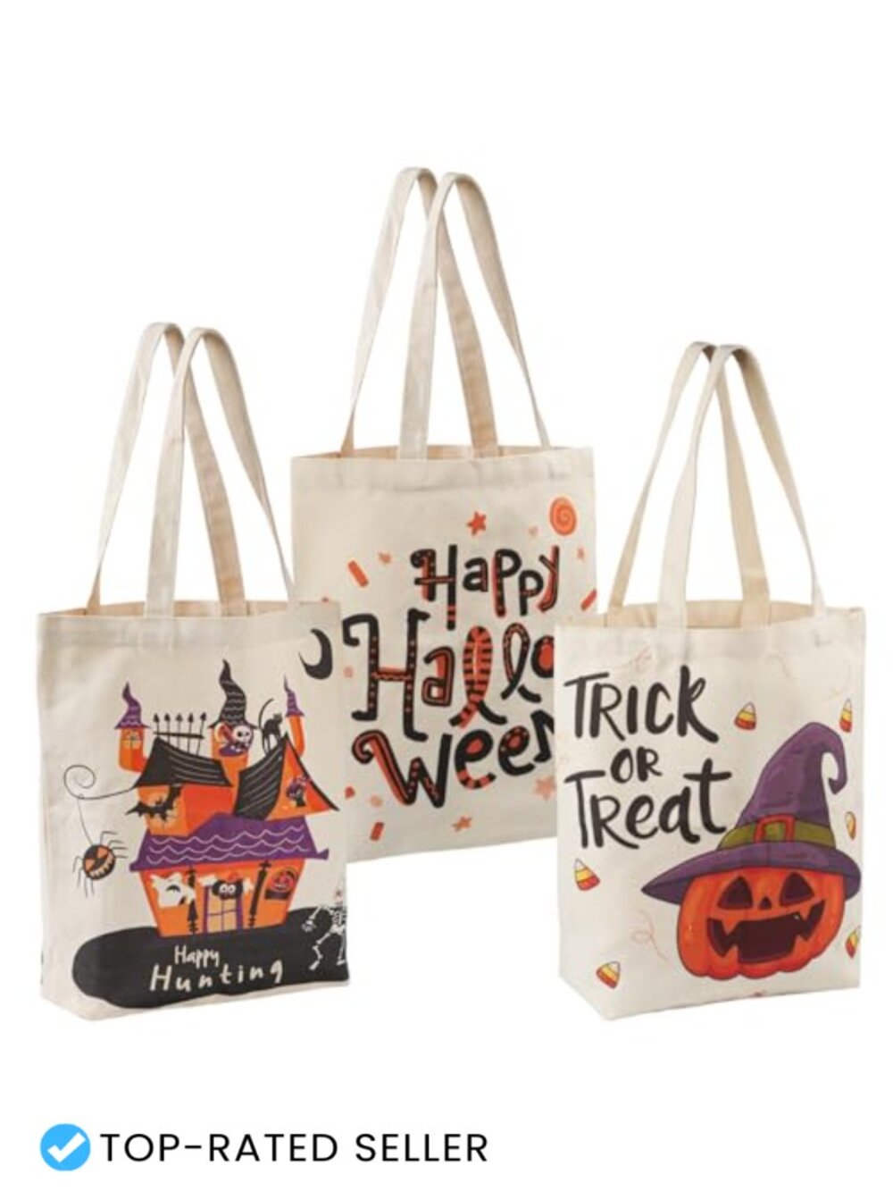 Large Halloween Tote Bag Set of 3 Canvas Reusable Trick or Treat Bucket for Kids